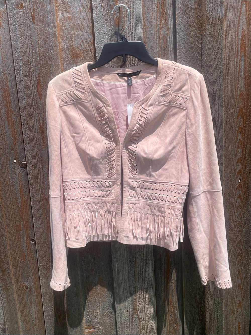 White House Black Market Pink Suede Fringe Jacket